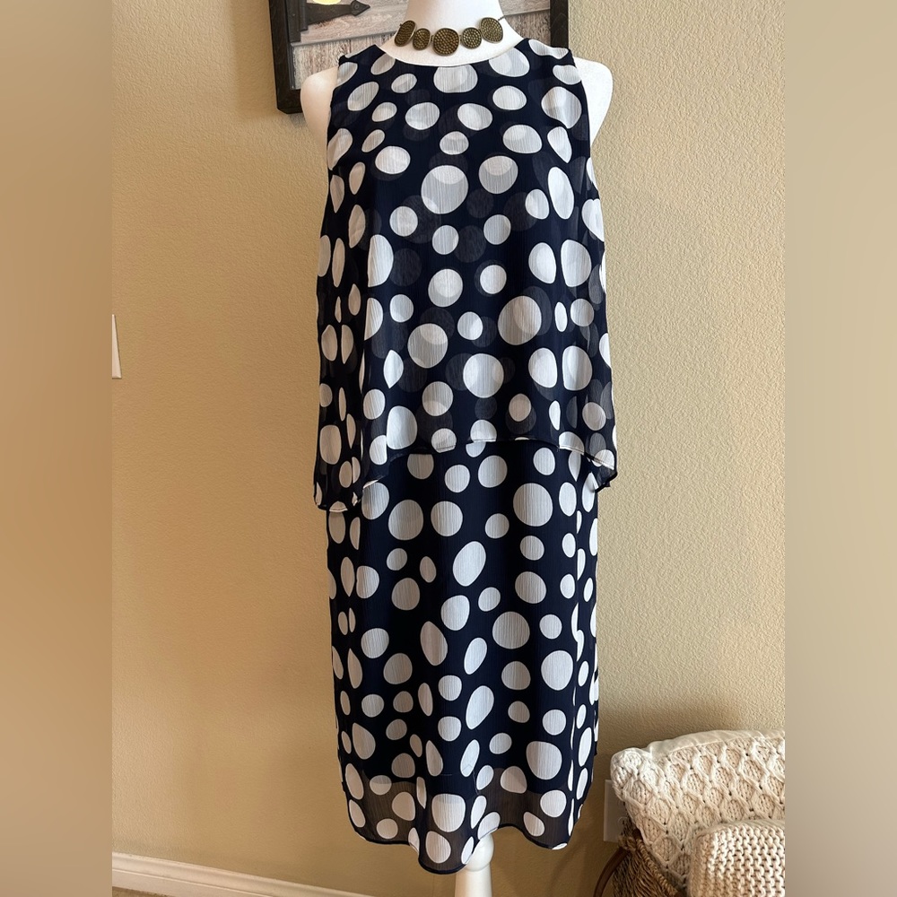 Prelude | Women’s Blue Polka-Dot Layer Dress, Lined, Sleeveless - Size 10